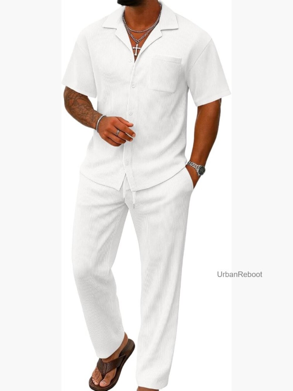 Men's 2 Piece Set Button Short Sleeve Shirt & Loose Pants Textured Tracksuit